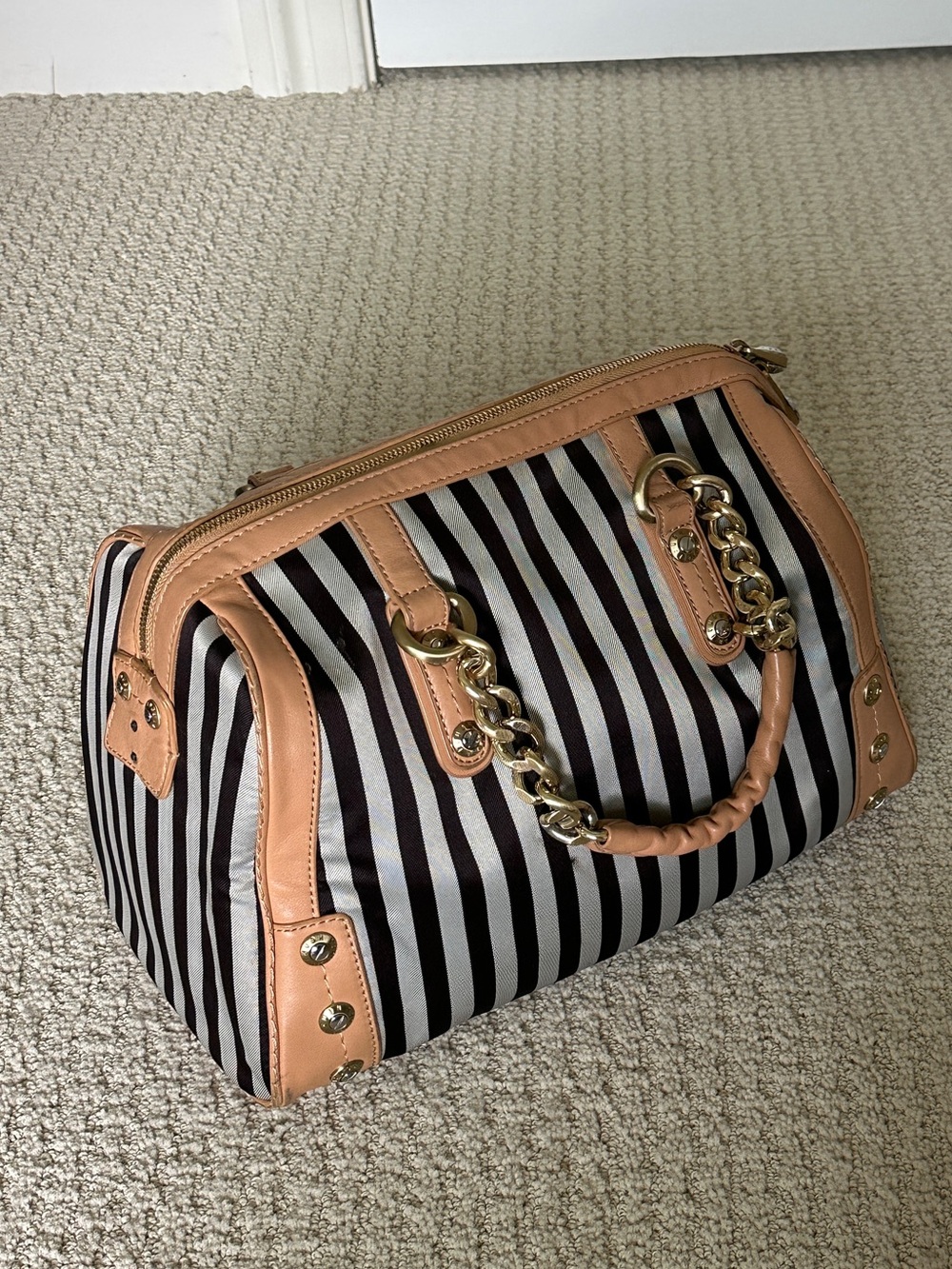 Vintage Y2K henri bendel Black & White Striped Satchel with Tan Trim